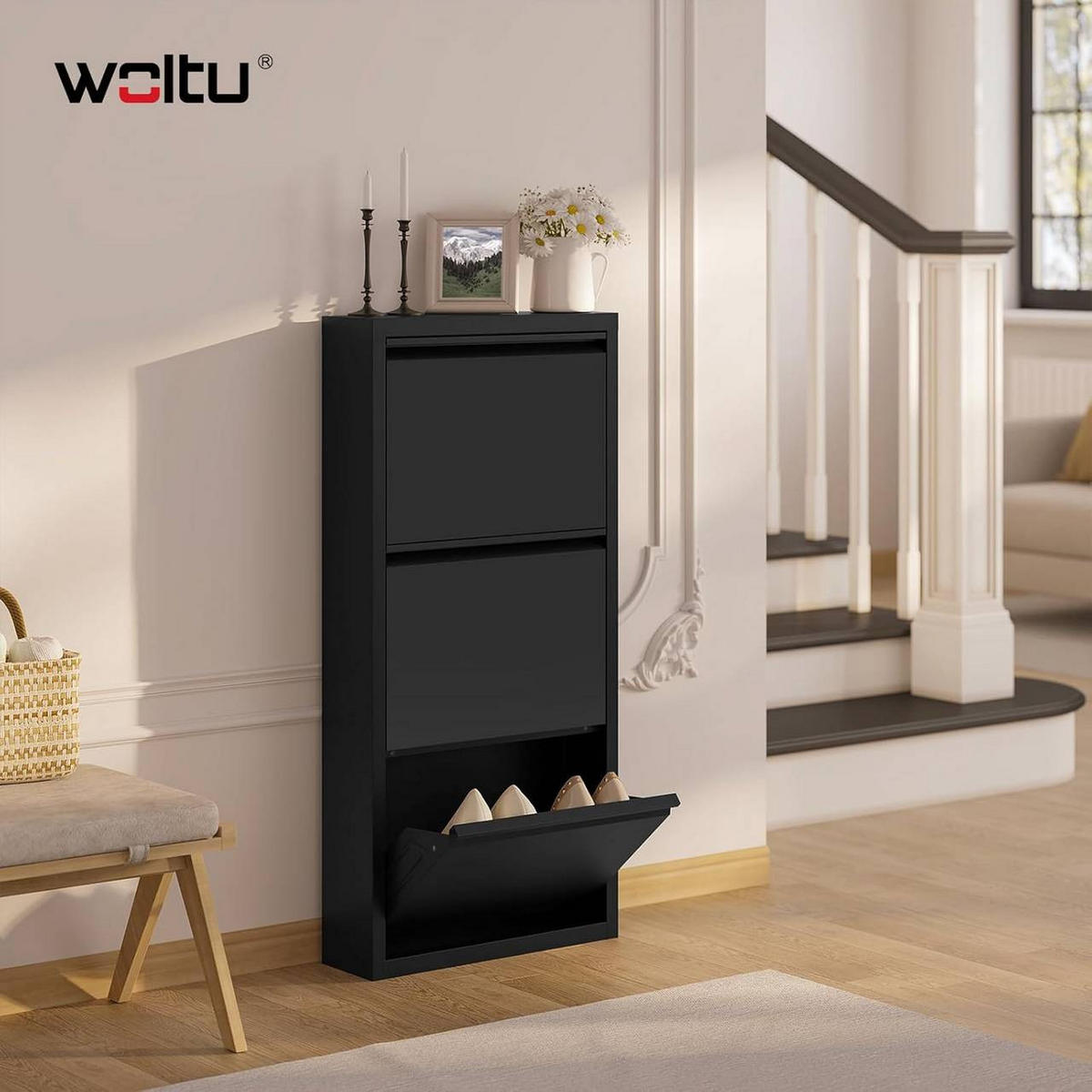 SCHUHSCHRANK mit 3 Klappen, 50x106x15cm, Schwarz - Schwarz, Metall (50/106/15cm) - Woltu