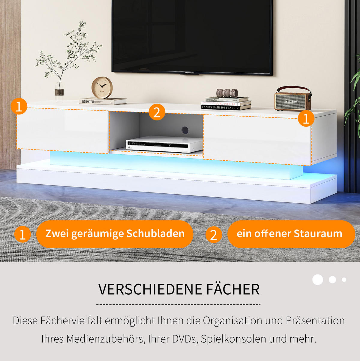 LOWBOARD 160/35/40.5 cm Weiß aus Spanplatte mit LED-Beleuchtung - Weiß, Holzwerkstoff (35/40.5/160cm) - OKMYHOME