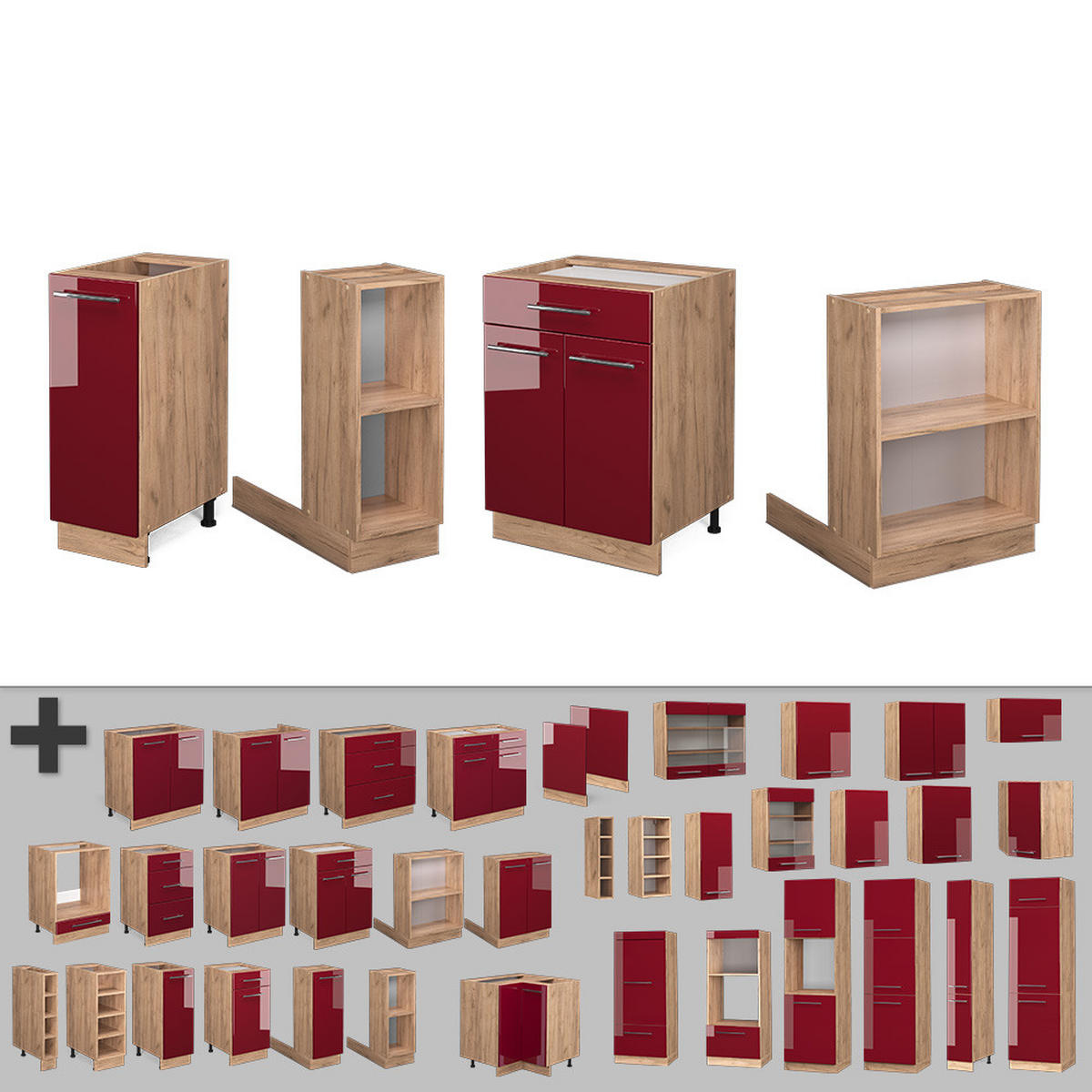 KÜCHENINSEL Fame-Line Bordeaux Hochglanz/Goldkraft Eiche 90 cm ohne AP - Honigeiche/Bordeaux, Holzwerkstoff (90/82/60cm) - Vicco