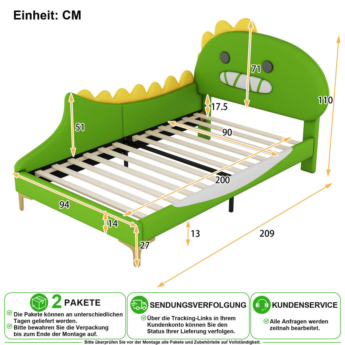 KINDERBETT 90/200 cm in Grün mit Dinosaurier-Design aus PU & MDF - Grün, Holzwerkstoff/Textil (90/200cm) - CHICFURN