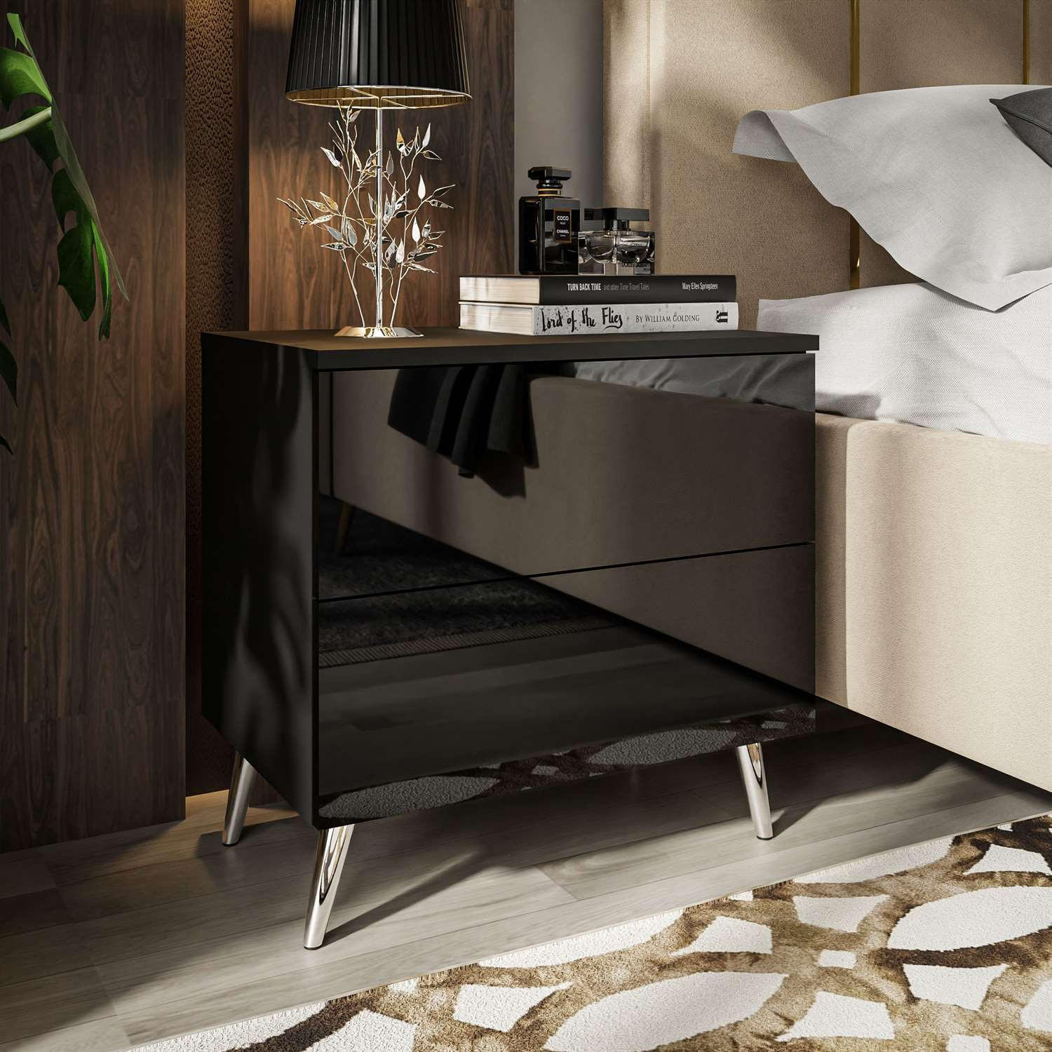 NACHTTISCH AURA PUSH OPEN mit Chrombeinen - Schwarz, Holzwerkstoff (55/55/37cm) - Lookway