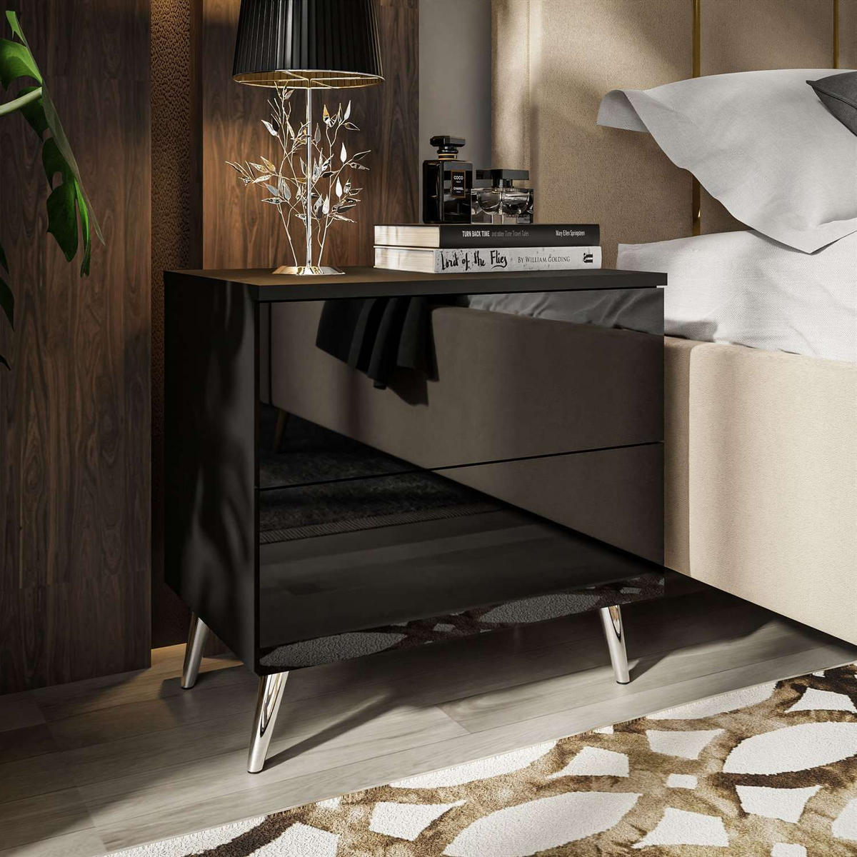 NACHTTISCH AURA PUSH OPEN mit Chrombeinen - Schwarz, Holzwerkstoff (55/55/37cm) - Lookway