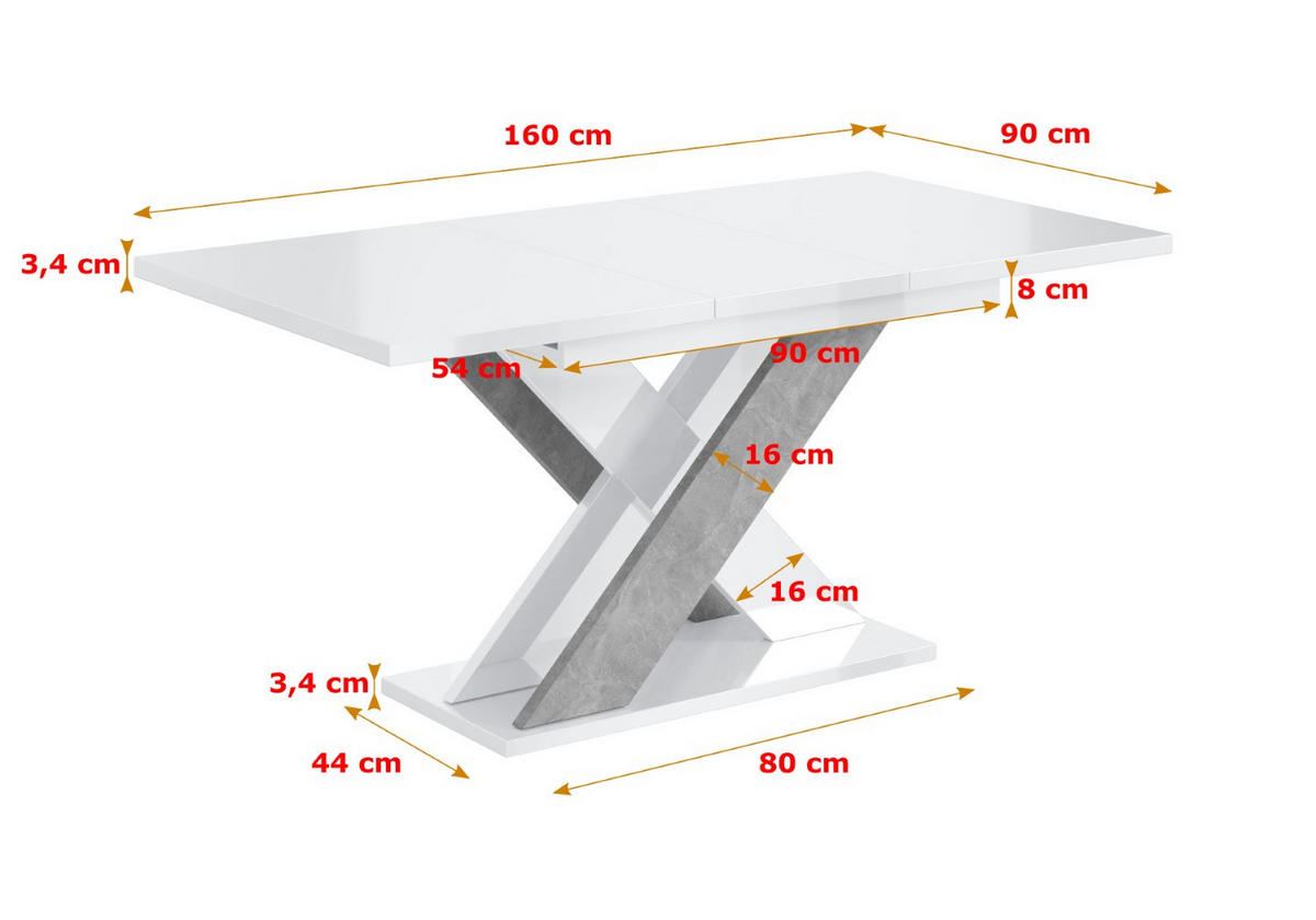 ESSTISCH ausziehbar 120 -160x90x75 cm - Hochglanz Weiß/Betonoptik - AOX - Weiß Hochglanz, Holzwerkstoff (120/90/75cm) - ALTDECOR