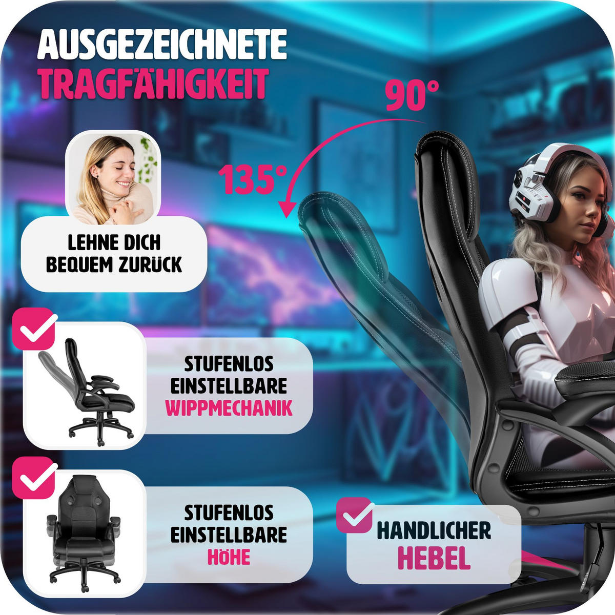 BÜROSTUHL Mike,stufenlos höhenverstellbar,schwarz - Schwarz, Leder (68/114.5/69cm) - tectake