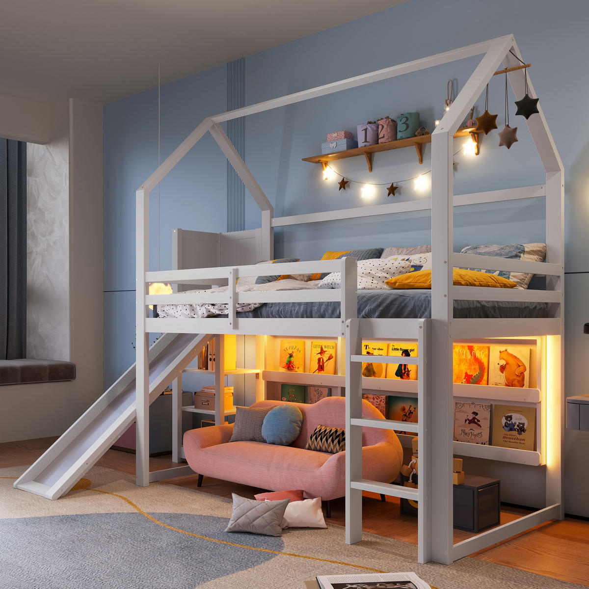 HOCHBETT 90/200 cm in Weiß mit Rutsche, Regal und LED im Haus-Design - Weiß, Holz (90/200cm) - STILVORA