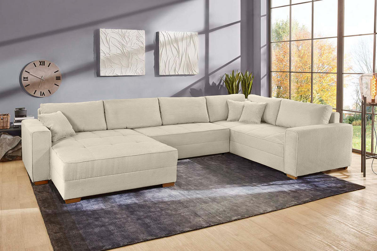 WOHNLANDSCHAFT Schlaffunktion Bettkasten Wellenunterfederung, spiegelverkehrt montierbar U-Form B379/T227/H86 cm, Cord Beige Grau / 15200 - Greige/Eichefarben, Holz/Textil (379/86/227cm) - luma-home