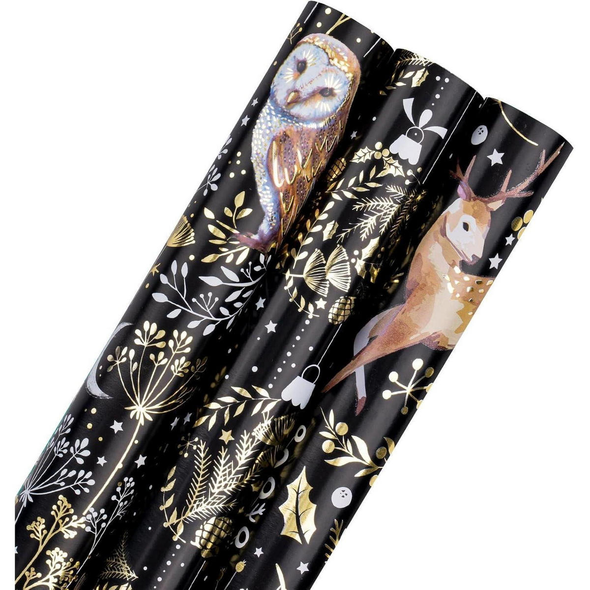 GESCHENKPAPIER 3-teiliges Set mit Eulen- und Rentier-Motiv - Multicolor, Papier (4/44/10cm)
