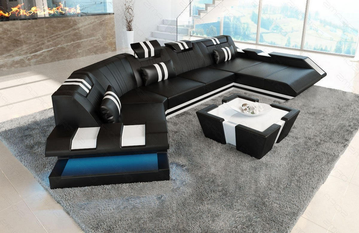 WOHNLANDSCHAFT Apollonia C - Schwarz/Weiß, Leder (420/78/190cm) - Sofa Dreams