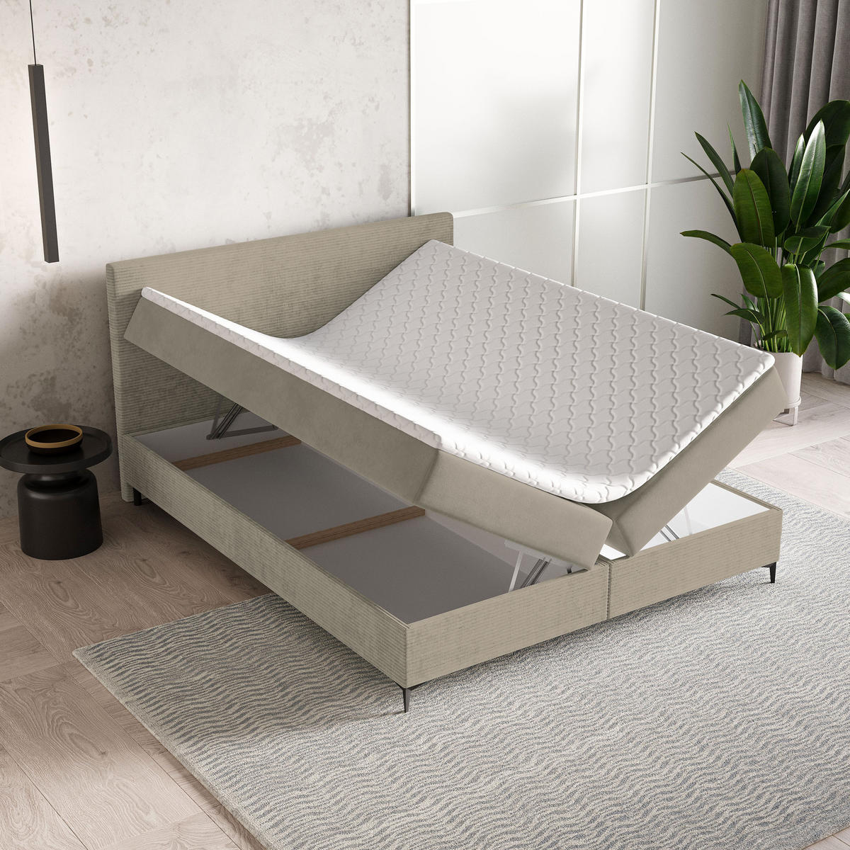 BOXBETT TORREL 160x200 cm mit Matratze und Topper - Beige - Beige, Holz (160/200cm) - MASSENO