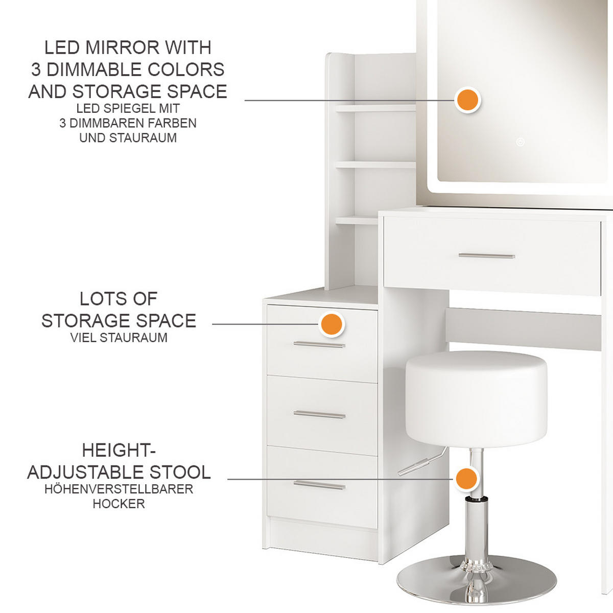 SCHMINKTISCH Lisca Weiß 80 cm mit LED-Spiegel und Hocker - Weiß, Holzwerkstoff (80/131.6/36cm) - Vicco