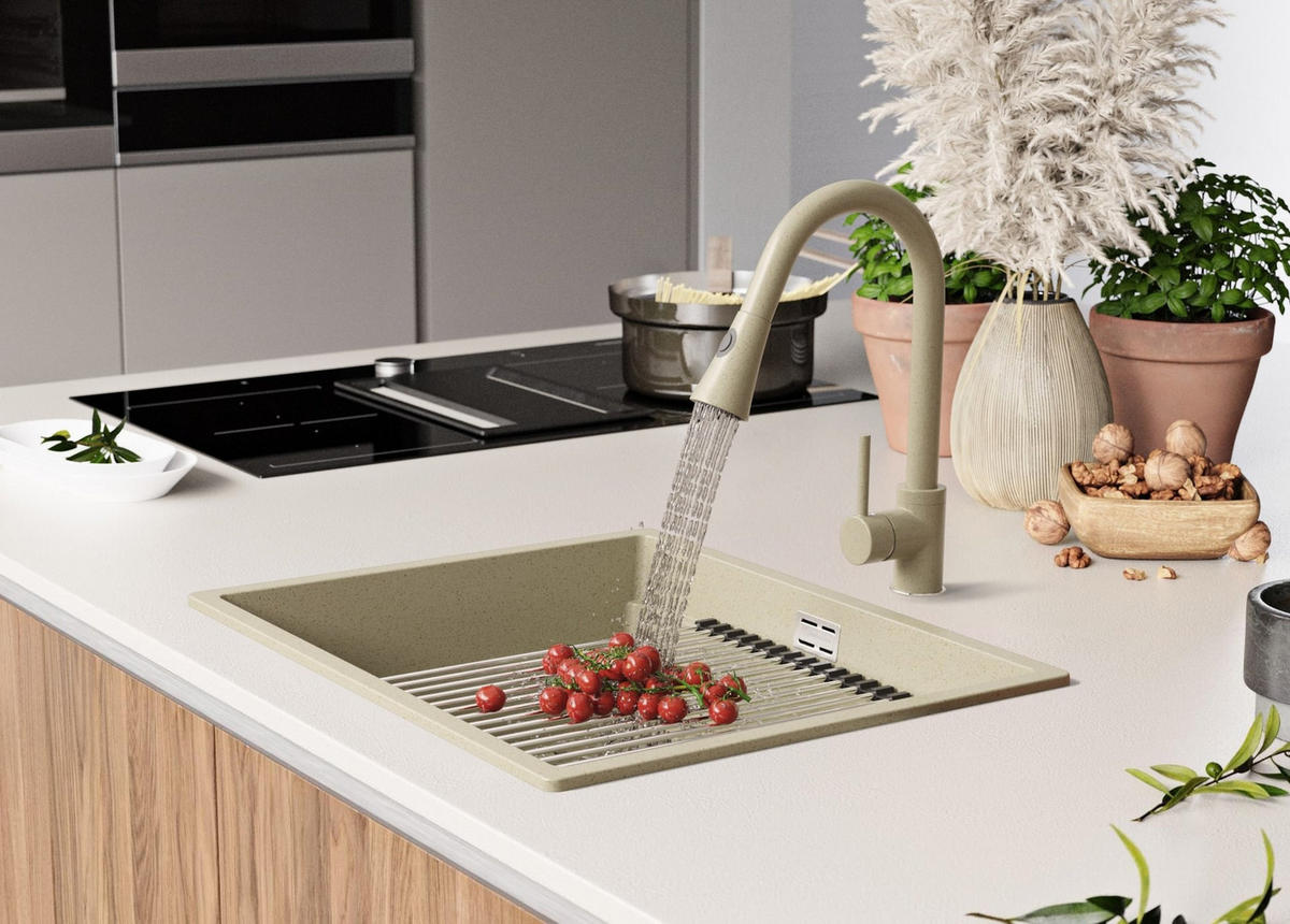 SPÜLBECKEN Praga Slim, 2-er set Beige 56/47 cm 1 Becken + Ablauf-Set + Aufrollbare Abtropffläche ab 60er Unterschrank - Chromfarben/Beige, Kunststoff (56/20/47cm) - Primagran