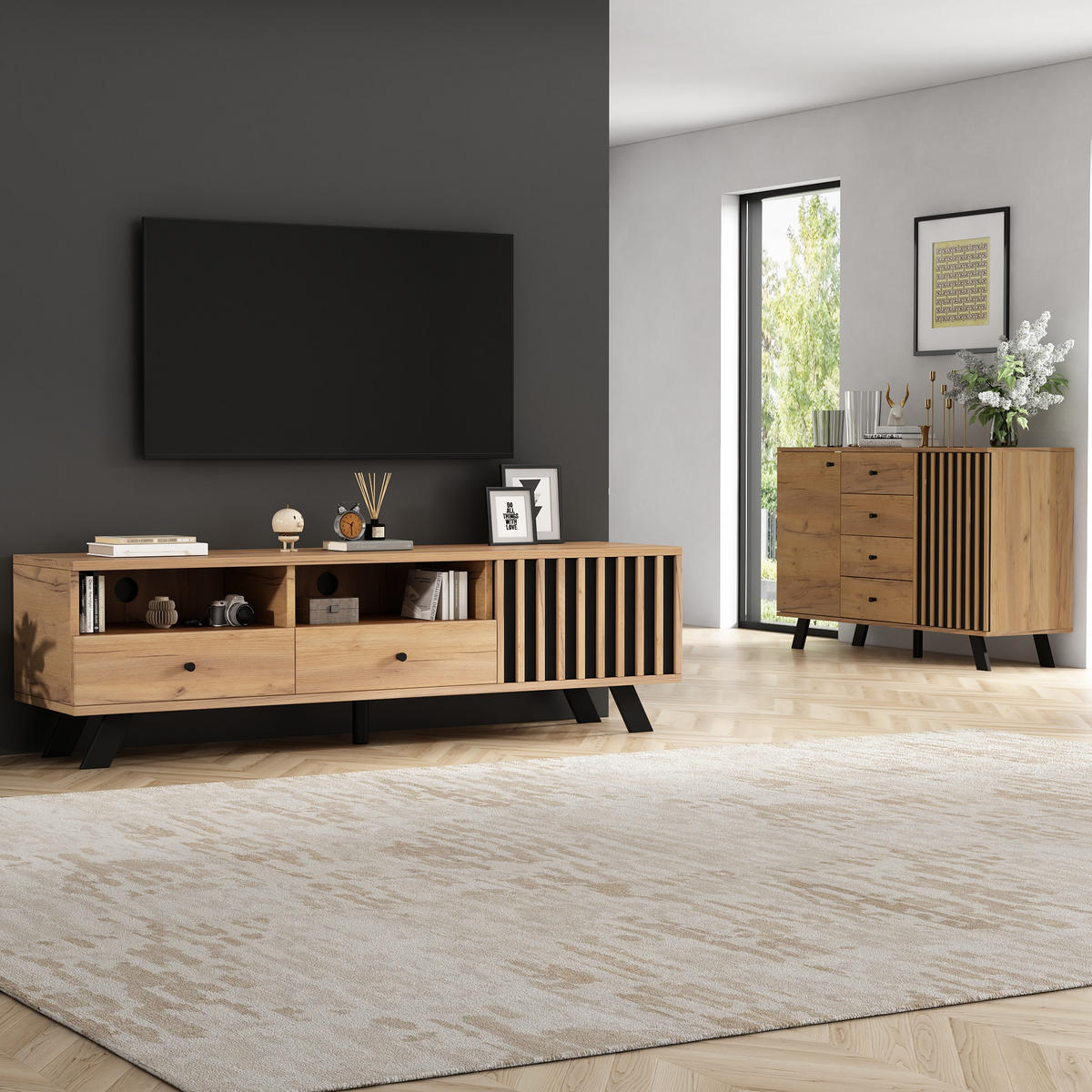 TV KOMODA I SIDEBOARD Set Crno Masivno Drvo 120+150 cm - prirodne boje, drvni materijal (150/44/38cm) - FLIEKS