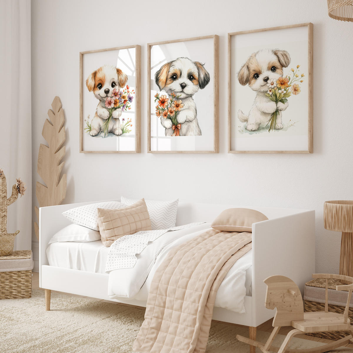 POSTER SET für Kinderzimmer HUNDE Welpen Blumen Tiere 3x Poster A4 21x30cm - Beige/Rot, Papier (21/30/1cm) - Muralo