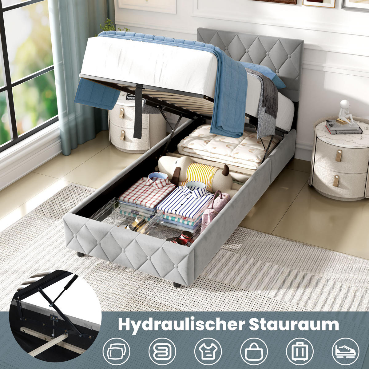 POLSTERBETT aus Samt 90x200 cm Grau mit hydraulischem Stauraum - Grau, Textil (90/200cm) - Modfu