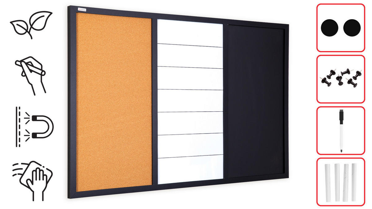 3-IN-1-KOMBITAFEL: Whiteboard, Kreidetafel magneitsch, Kork 90x60 cm - Multicolor, Holz (90/60/1.8cm) - ALLboards