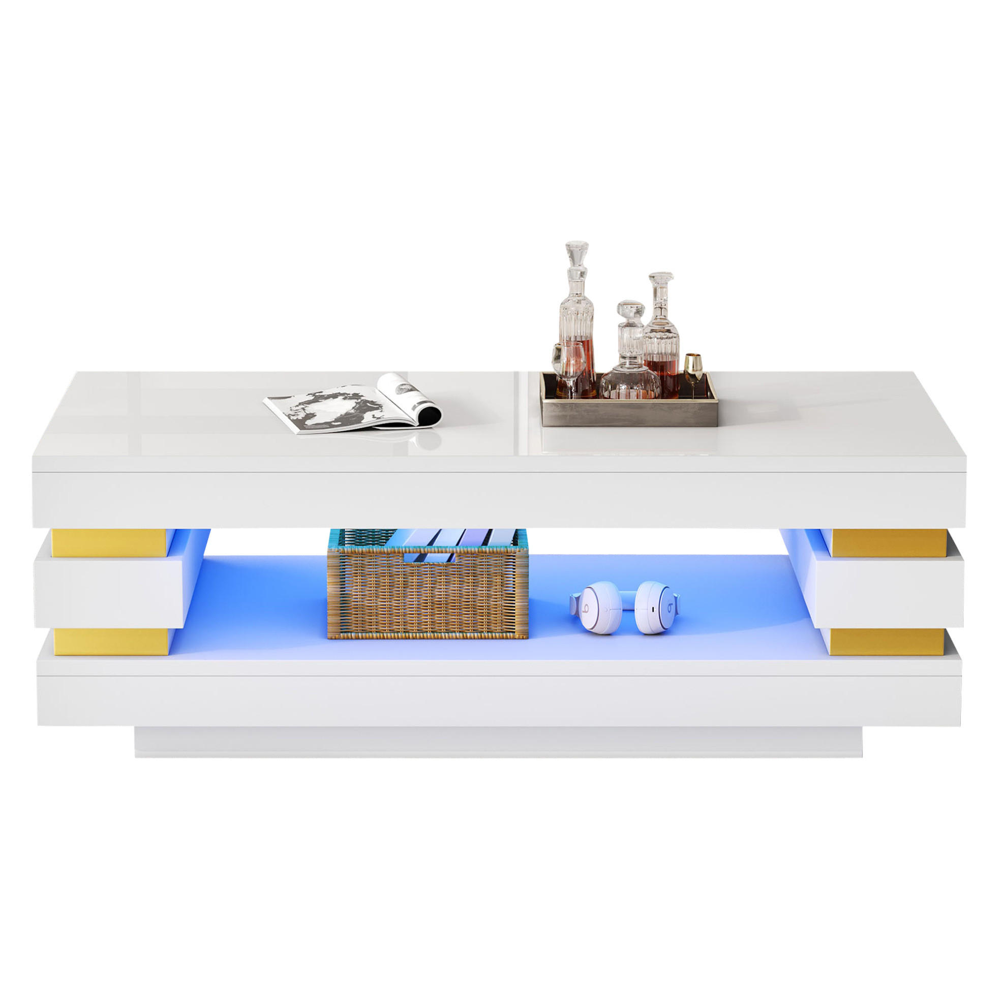COUCHTISCH 100/50/35 cm mit LED-Beleuchtung, offenem Stauraum und Hochglanzoberfläche aus Spanplatte, Weiß - Weiß, Holzwerkstoff (100/50/35cm) - Redom