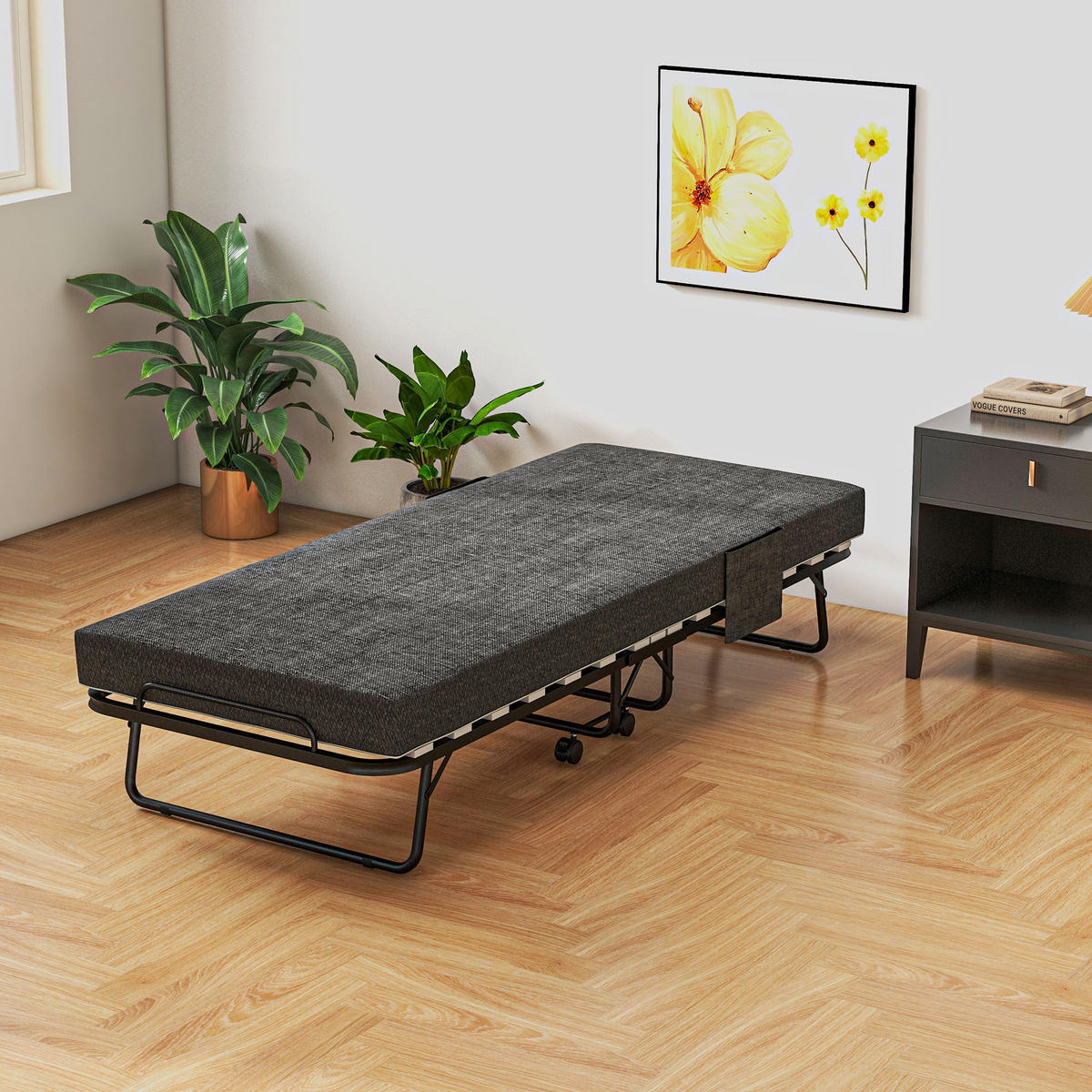 KLAPPBETT Gästebett mit Rollen, 10 cm Matratze, Abdeckung, Seitentasche, Grau - Dunkelgrau, Kunststoff - HOMCOM