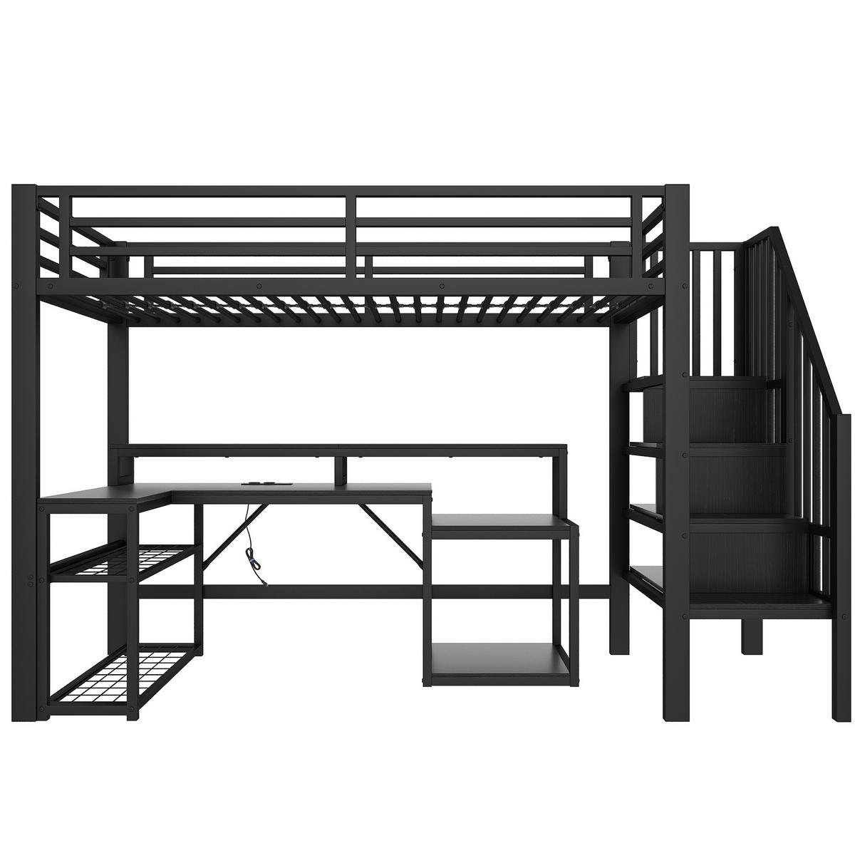 HOCHBETT 90/200 cm aus Metall mit Schreibtisch und LED-Beleuchtung - Schwarz, Metall (90/200cm) - Flora Grace