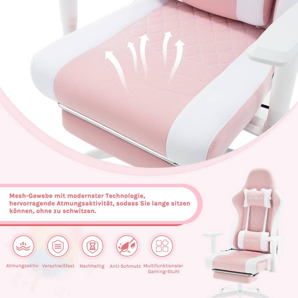 GAMINGSTUHL mit Lendenkissen, Massagefunktion, Rosa+Weiß - Weiß/Rosa, Textil/Metall (70/129/57.5cm) - Woltu