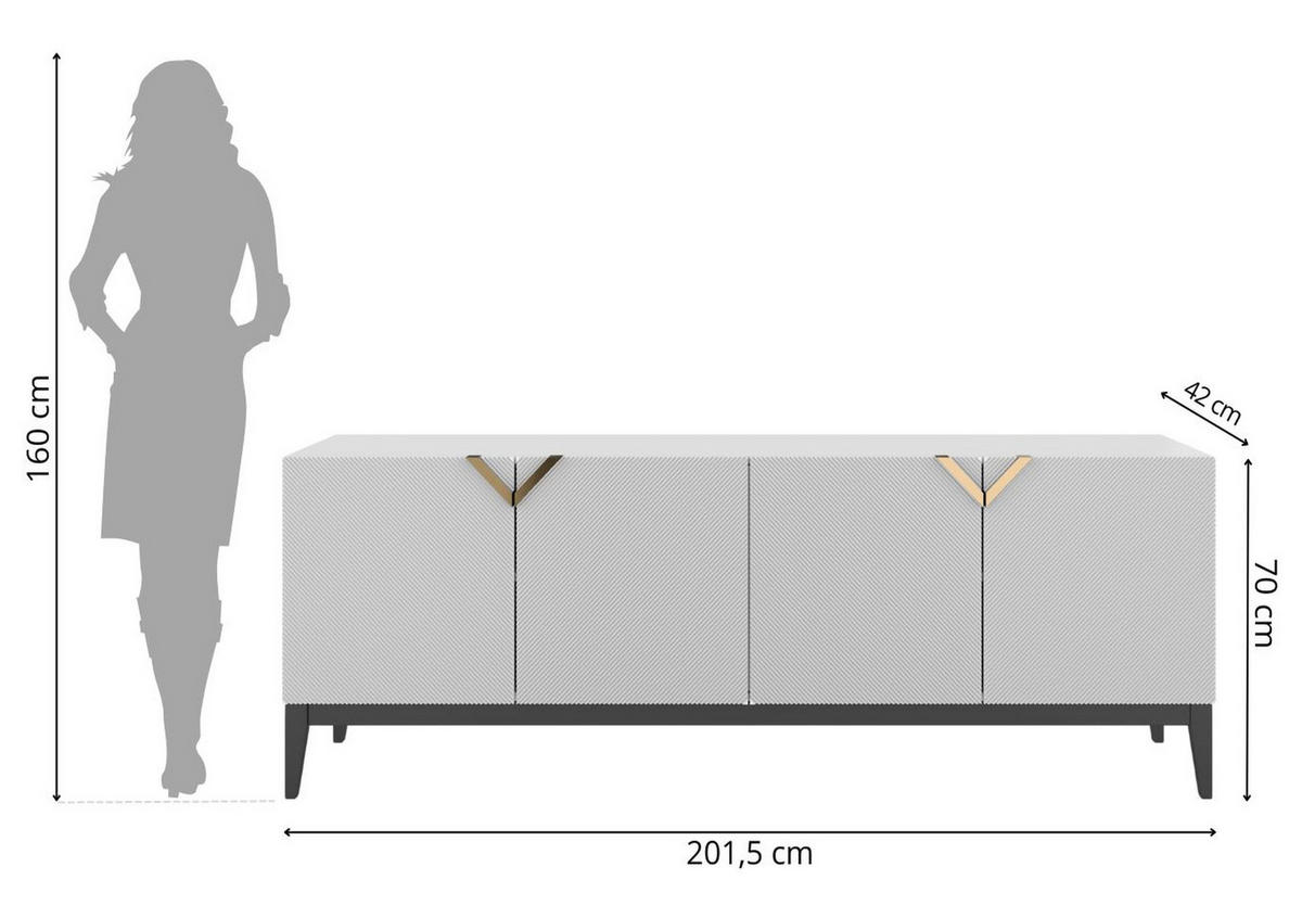 SIDEBOARD Demi Long, Weiß-Schwarz-Gold, Mit Gefrästen Fronten, Massive Buche - Goldfarben/Schwarz, Holz/Holzwerkstoff (201.5/70/42cm) - Visby