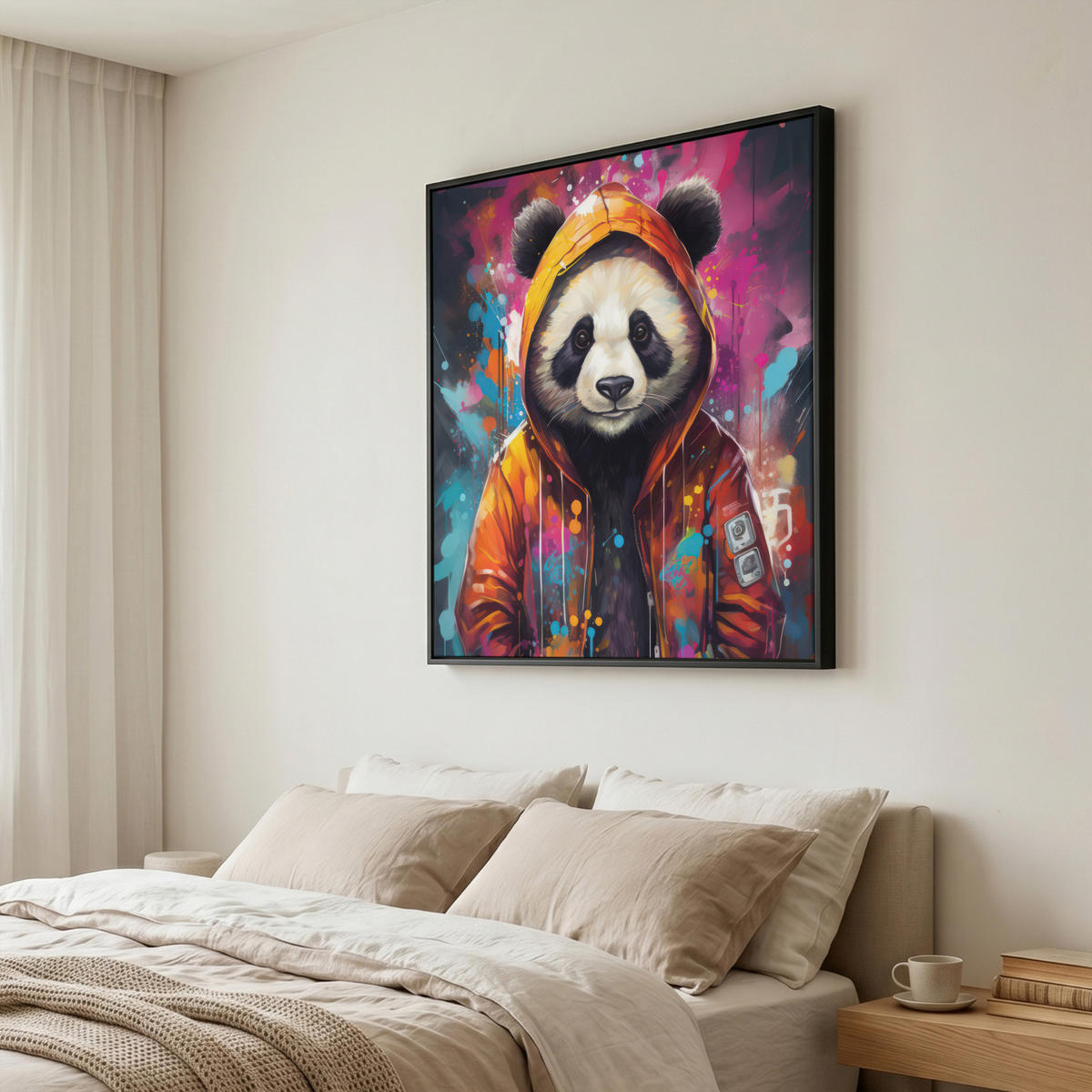 LEINWAND Bilder mit Rahmen - Panda - Jacke - Graffiti - Orange - 90x90 - Orange, Textil (90/90cm) - MuchoWow