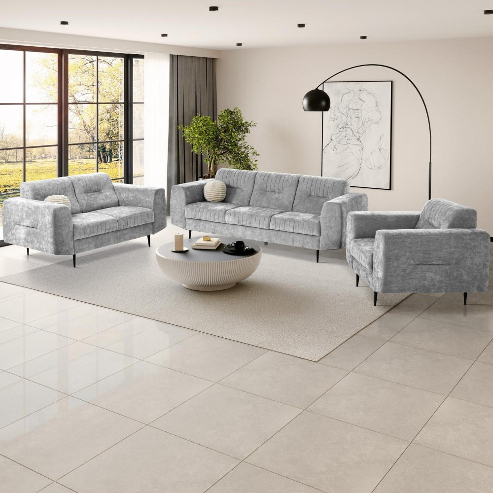 SOFA Venezia 3-Sitzer mit Metallbeinen, hellgrau, 233 cm - Hellgrau/Schwarz, Holzwerkstoff/Metall (223/85/94cm) - Beautysofa