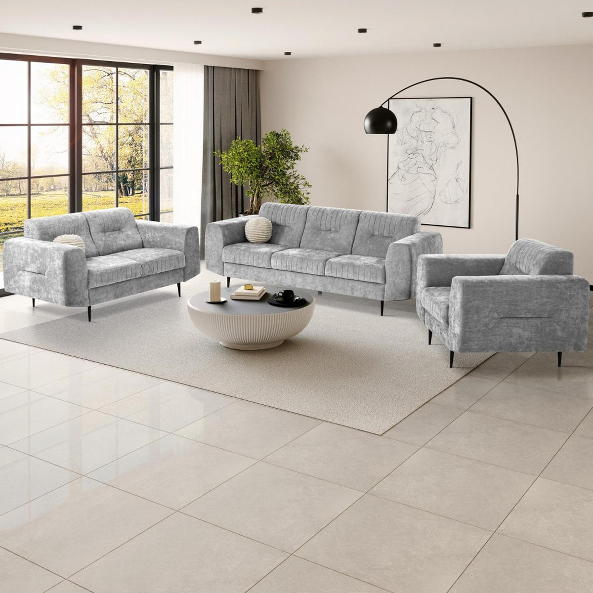 SOFA Venezia 3-Sitzer mit Metallbeinen, hellgrau, 233 cm - Hellgrau/Schwarz, Holzwerkstoff/Metall (223/85/94cm) - Beautysofa