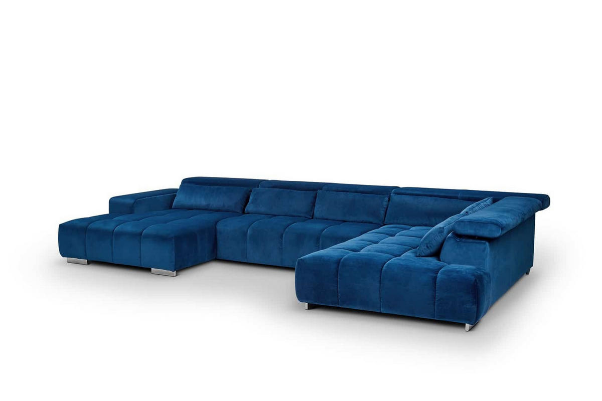 WOHNLANDSCHAFT XXL mit verstellbaren Kopflehnen, Velvet-Stoff - Blau/Silberfarben, Textil/Metall (225/73/409cm) - Cotta