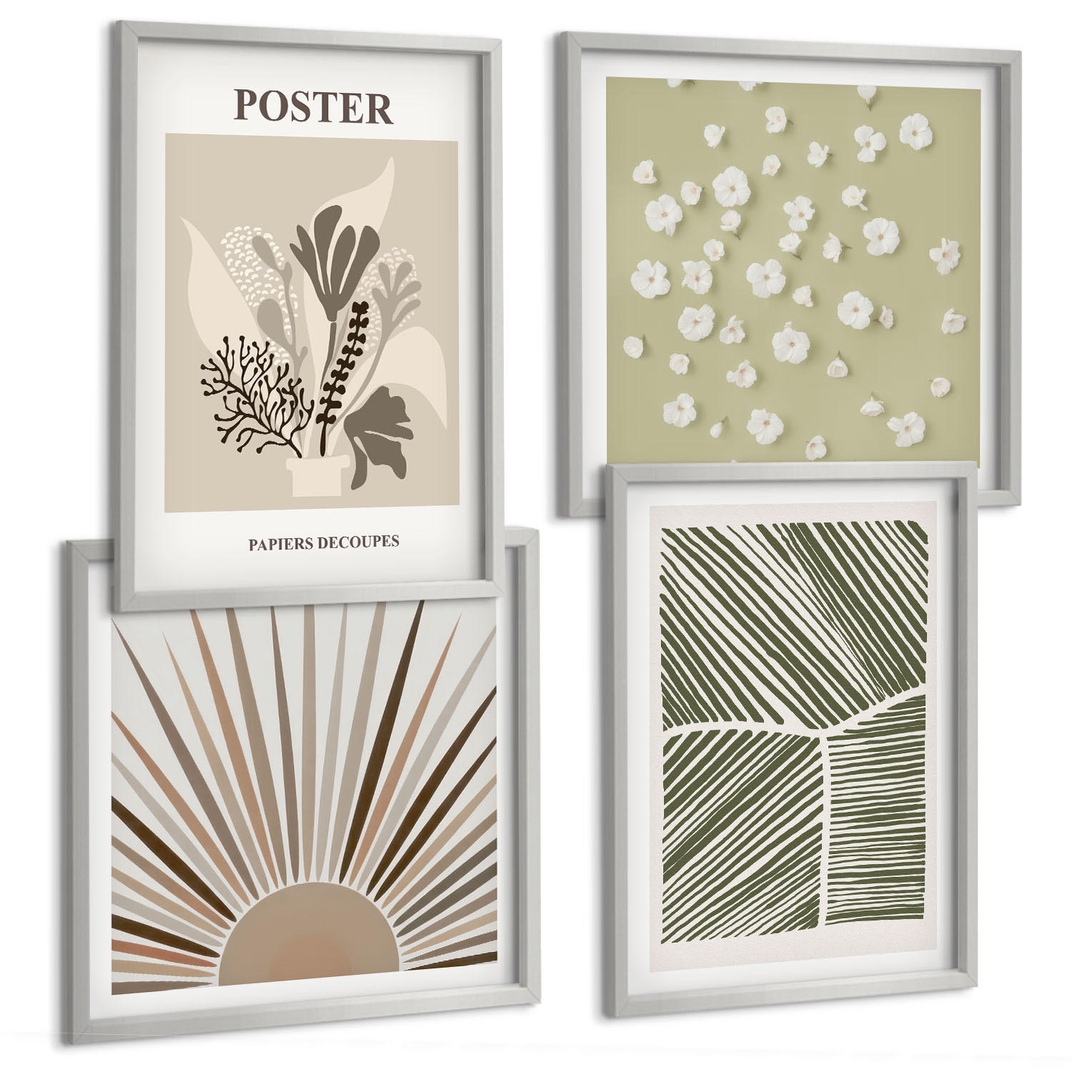 BILDER SET 4er Set - 50x50 cm & 40x60 cm Silberner Rahmen - Pflanzenmotive in gedeckten Farben - Silberfarben, Kunststoff (50/50cm) - TULUP