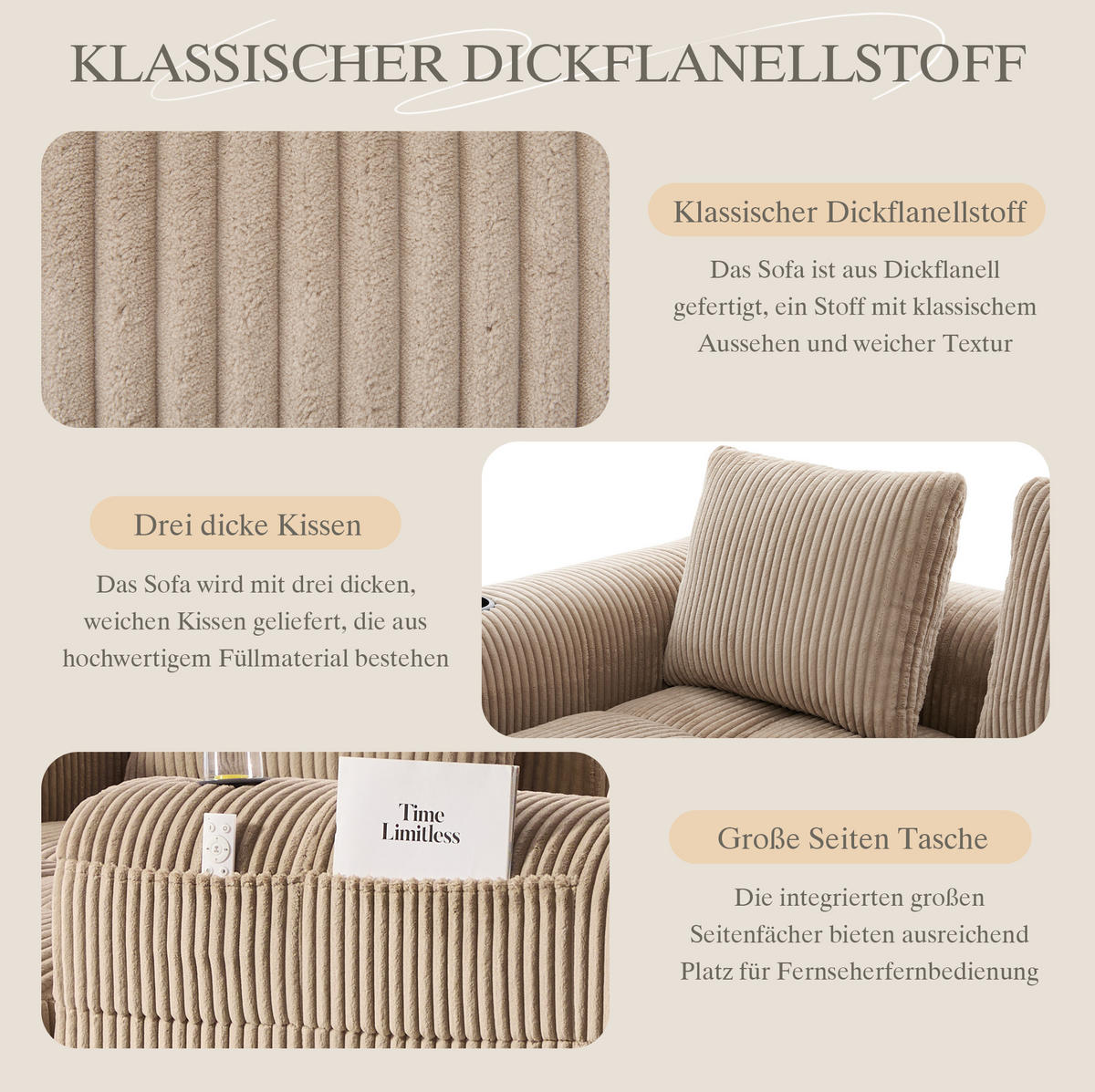 KOMPAKTSOFA Cord mit Seitentaschen und Becherhalter 253/158/61 cm Sandfarben - Sandfarben, Textil (158/253cm) - Redom