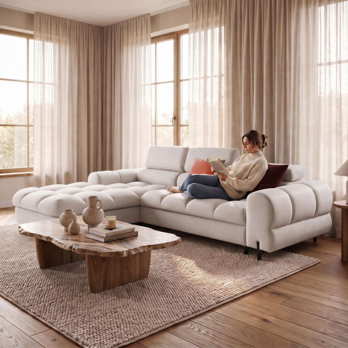 ECKSOFA UFFO L Links mit Schlaffunktion 260x195 Velours Creme - Creme/Schwarz, Holz/Textil (260/195cm) - Muffo