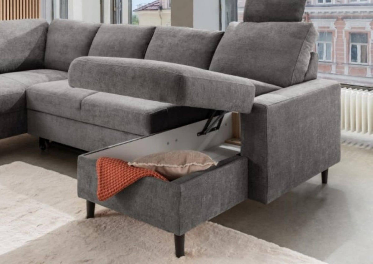 BENFORMATO Passo Coroni Wohnlandschaft L-Form mit Schlaffunktion & Bettkasten, Dunkelgrau - Dunkelgrau/Anthrazit, Textil (30/8.8/200cm) - Benformato