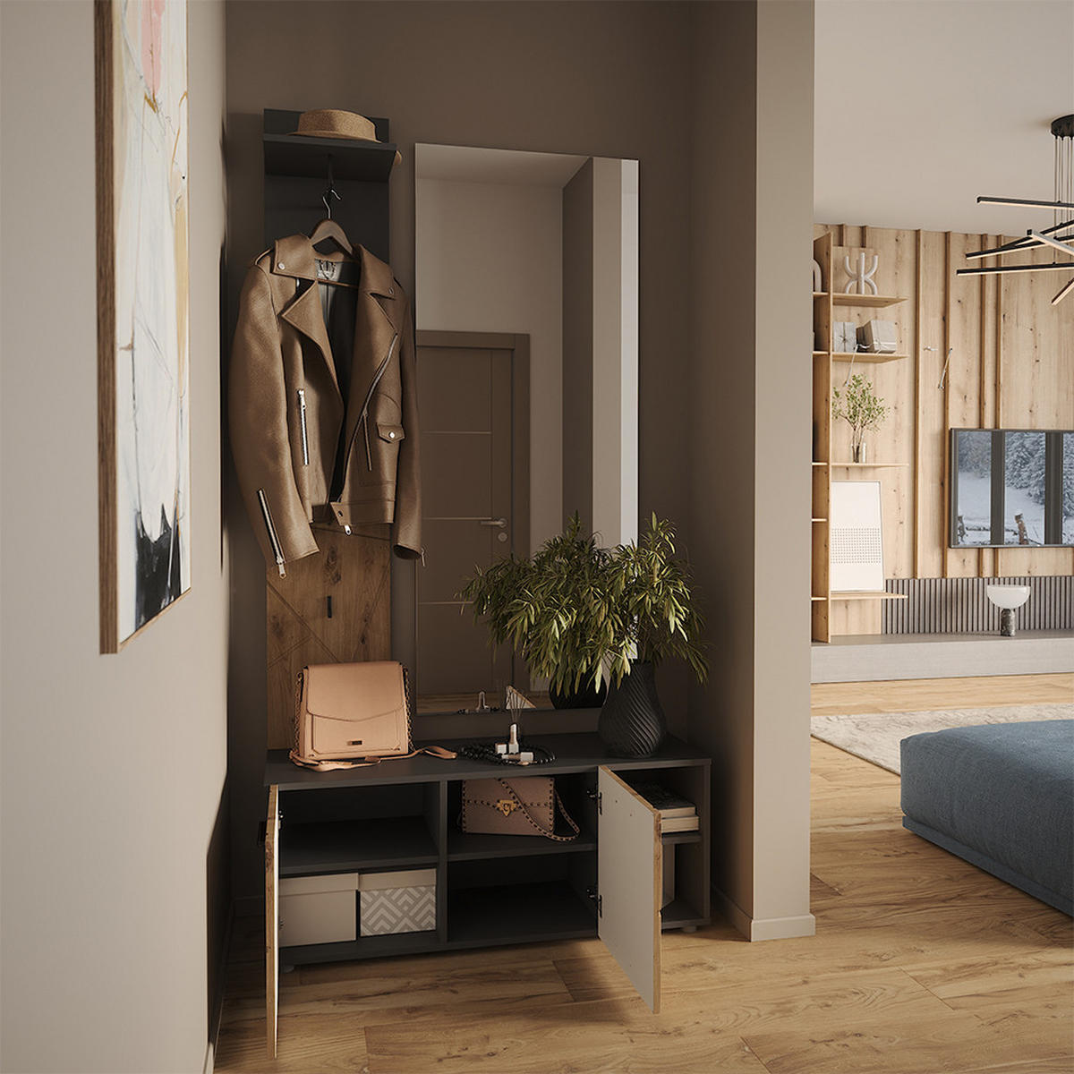 GARDEROBE Irma Anthrazit/Artisan 106 x 43 cm Set mit Schuhschrank und Garderobenpaneel - Anthrazit, Holzwerkstoff (106/43/37cm) - Vicco