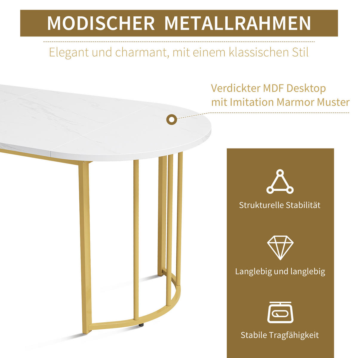 ESSTISCH Weiß und Golden 138.9/80/75 cm - Weiß, Holzwerkstoff/Metall (138.9/80/75cm) - Urban Meuble