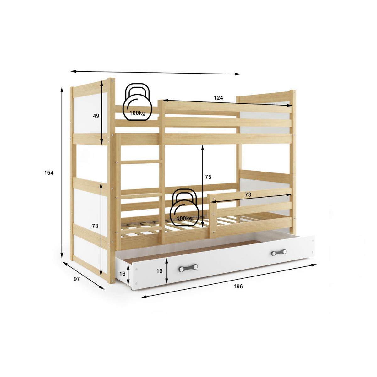 ETAGENBETT Rico mit Lattenrost und Schublade - Naturfarben/Weiß, Holz/Holzwerkstoff (90/200cm) - Interbeds