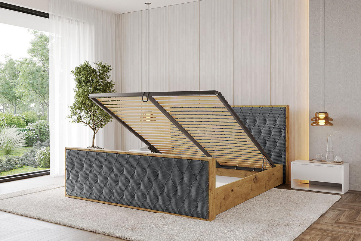 POLSTERBETT mit Bettkasten, Fußteil und Lattenrost, Boxbett ohne Matratze - ENZO5-Z 160x200 Dunkelgrau - Anthrazit, Holzwerkstoff/Textil (160/200cm) - ALTDECOR