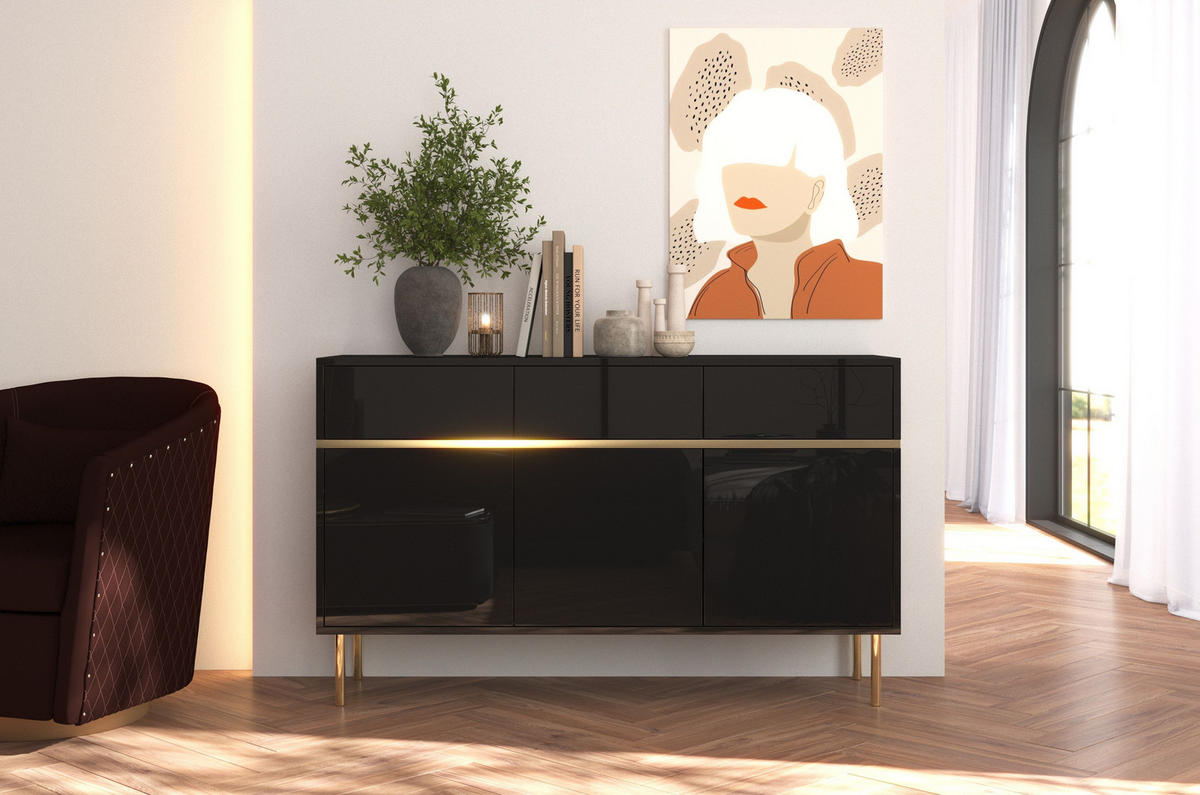 SIDEBOARD Marika, Schwarz, Gold, Hochglanz - Goldfarben/Schwarz, Holzwerkstoff/Metall (137.5/85/39.5cm) - Dancan
