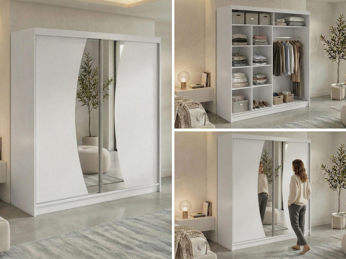 SCHWEBETÜRENSCHRANK 200 - VERONA - Weiß mit Spiegel - Alufarben/Weiß, Holzwerkstoff/Metall (200/216/61cm) - MKS