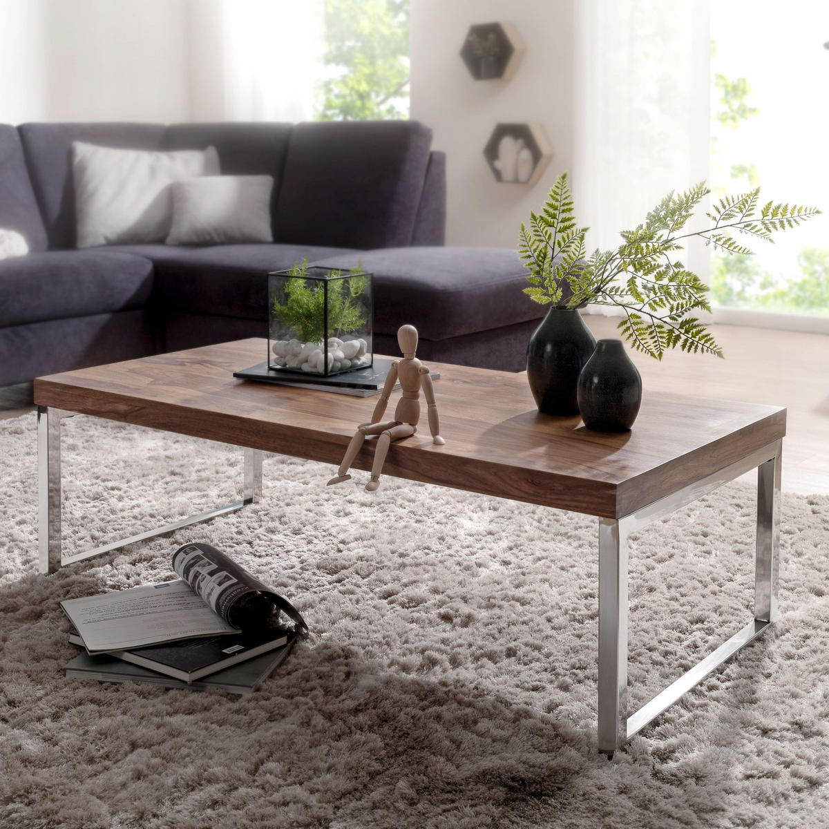 COUCHTISCH Massivholz mit Chromfüßen Handgefertigt, Braun 120x60x40 cm - Silberfarben/Braun, Holz/Metall (60/120/40cm) - KADIMA DESIGN