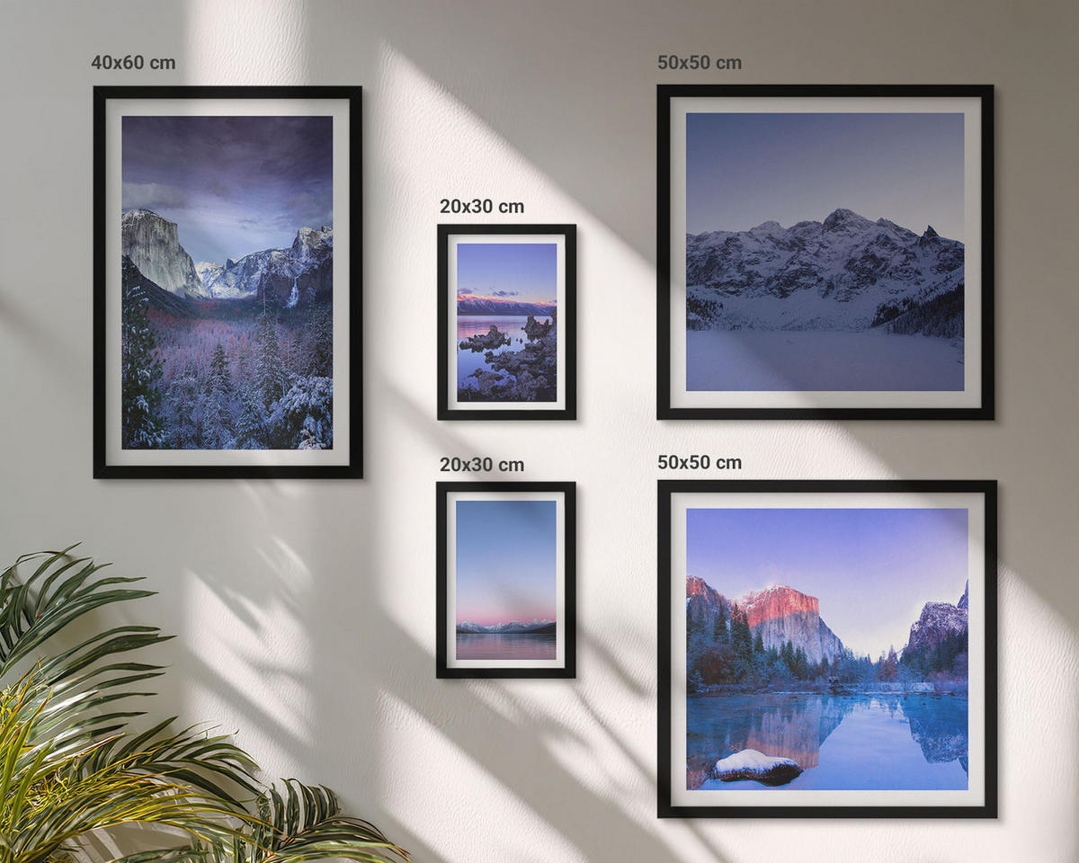 BILDER SET 5er Set - 50x50 cm & 20x30 cm & 40x60 cm Schwarzer Rahmen - Berglandschaften, Sonnenuntergang, Wasser - Schwarz, Kunststoff (40/60cm) - TULUP