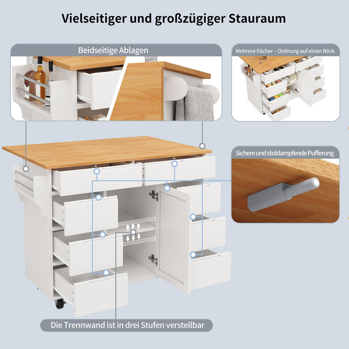 KÜCHENINSEL mit Rollen 122/46(74,5)/91,5 cm Weiß mit 8 Schubladen und Klappbarer Tischplatte - Weiß, Holz/Holzwerkstoff (122/91.5/74.5cm) - Oxeza