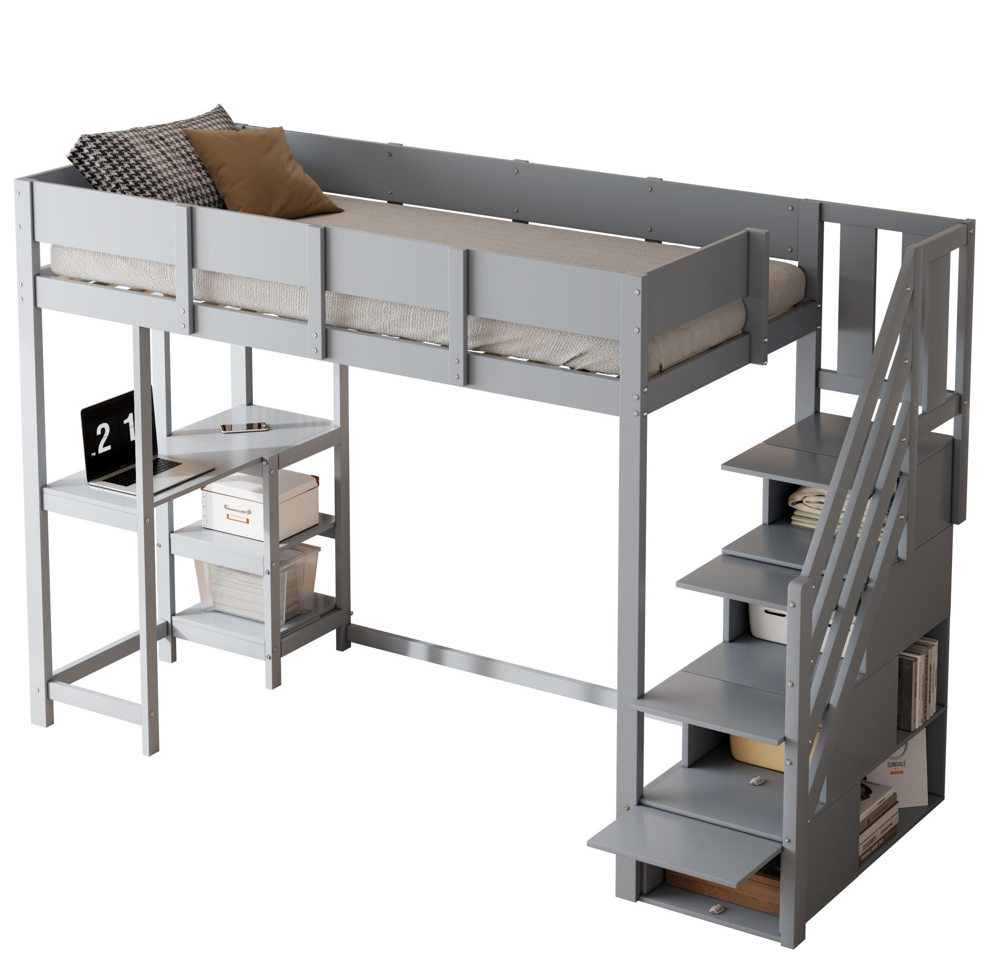 HOCHBETT aus Kiefernholz 90x200 cm Grau mit Stauraumtreppe, Ablageregal und Rundum-Schutzgittern - Grau, Holzwerkstoff (90/200cm) - Modfu