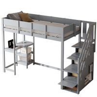 HOCHBETT aus Kiefernholz 90x200 cm Grau mit Stauraumtreppe, Ablageregal und Rundum-Schutzgittern - Grau, Holzwerkstoff (90/200cm) - Modfu