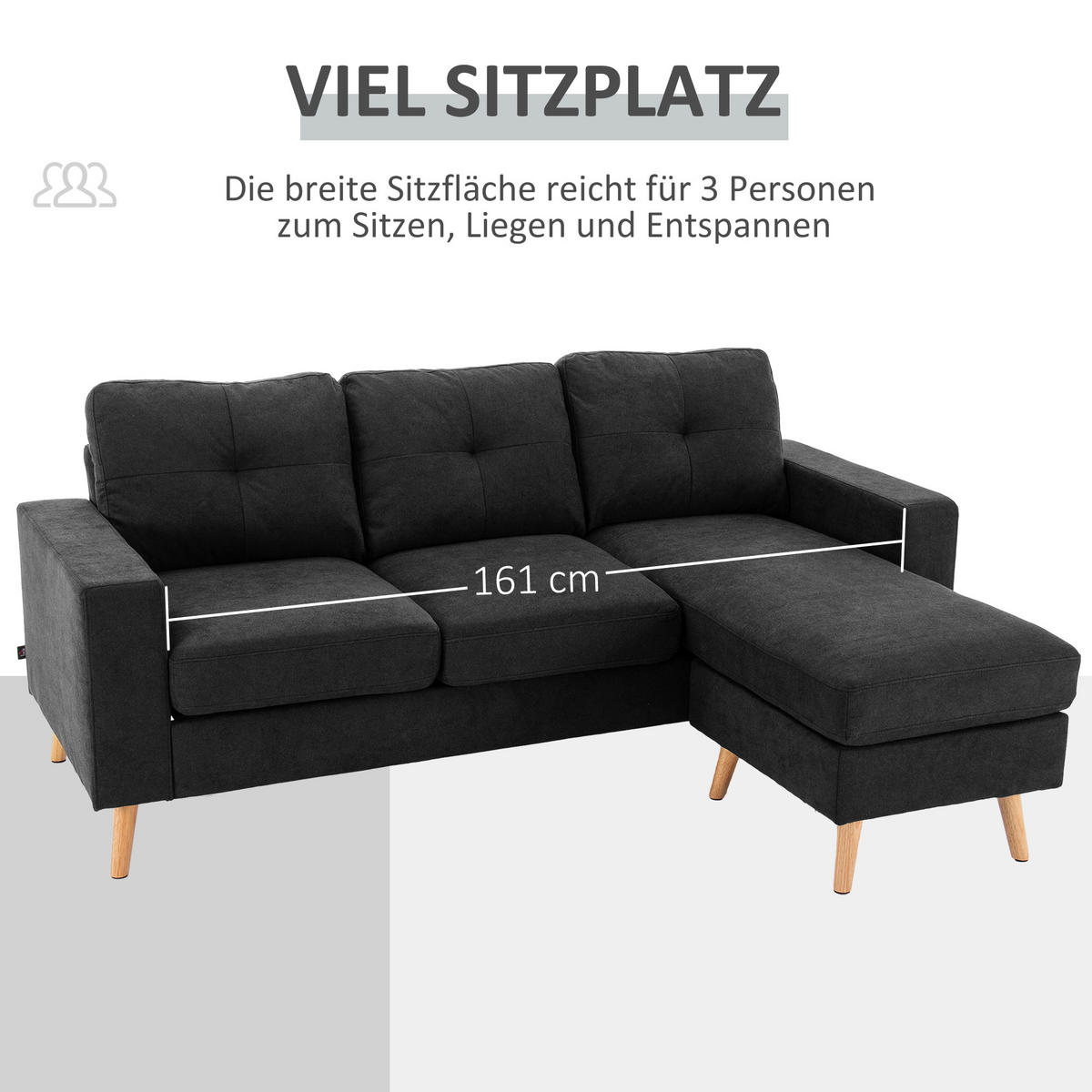 ECKSOFA Eckcouch in L-Form, Eckgarnitur in Leinenoptik Couchgarnitur Schwarz - Schwarz, Textil (136/193cm) - HOMCOM