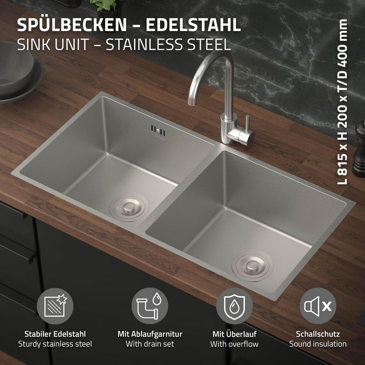 DOPPEL-SPÜLBECKEN Edelstahl 81,5/40cm - Silberfarben, Metall (81.5/20/40cm)