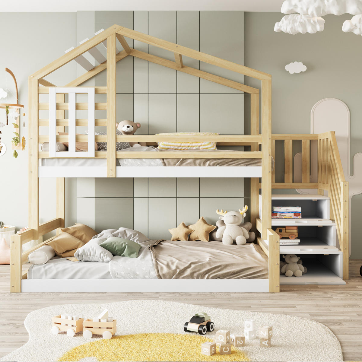 HAUSBETT 90/200 & 140/200 cm aus Kiefernholz mit Treppe und Stauraum - Naturfarben, Holz (90/200cm) - BEAOK