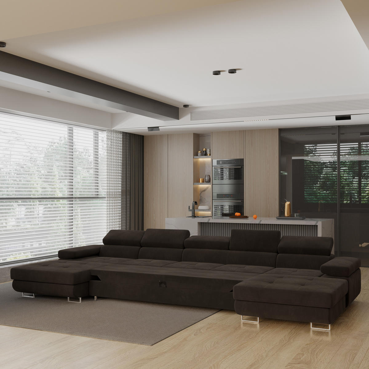 WOHNLANDSCHAFT OMBRA Braun Velours-Stoff mit Schlaffunktion - Braun, Holz (425/90/202cm) - MASSENO