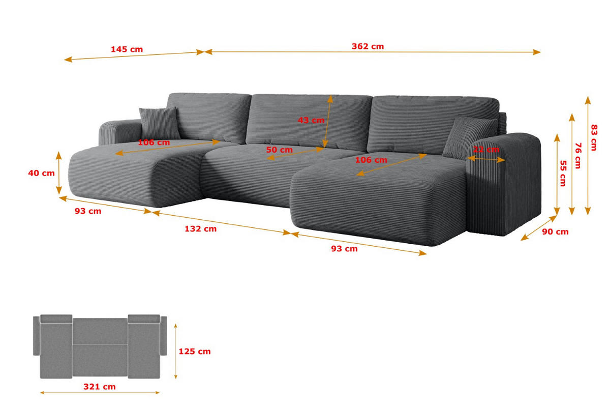 WOHNLANDSCHAFT mit Schlaffunktion und Bettkasten ORRO-U - 362x145x83 cm Dunkelgrau Cord - Dunkelgrau/Schwarz, Holzwerkstoff/Kunststoff (362/83/145cm) - ALTDECOR