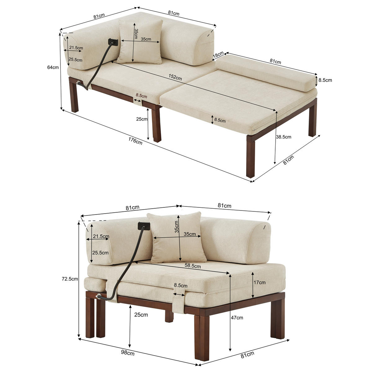 SCHLAFSOFA DE-35084 Beige - Beige, Holz (81/64/176cm) - ComfortXL