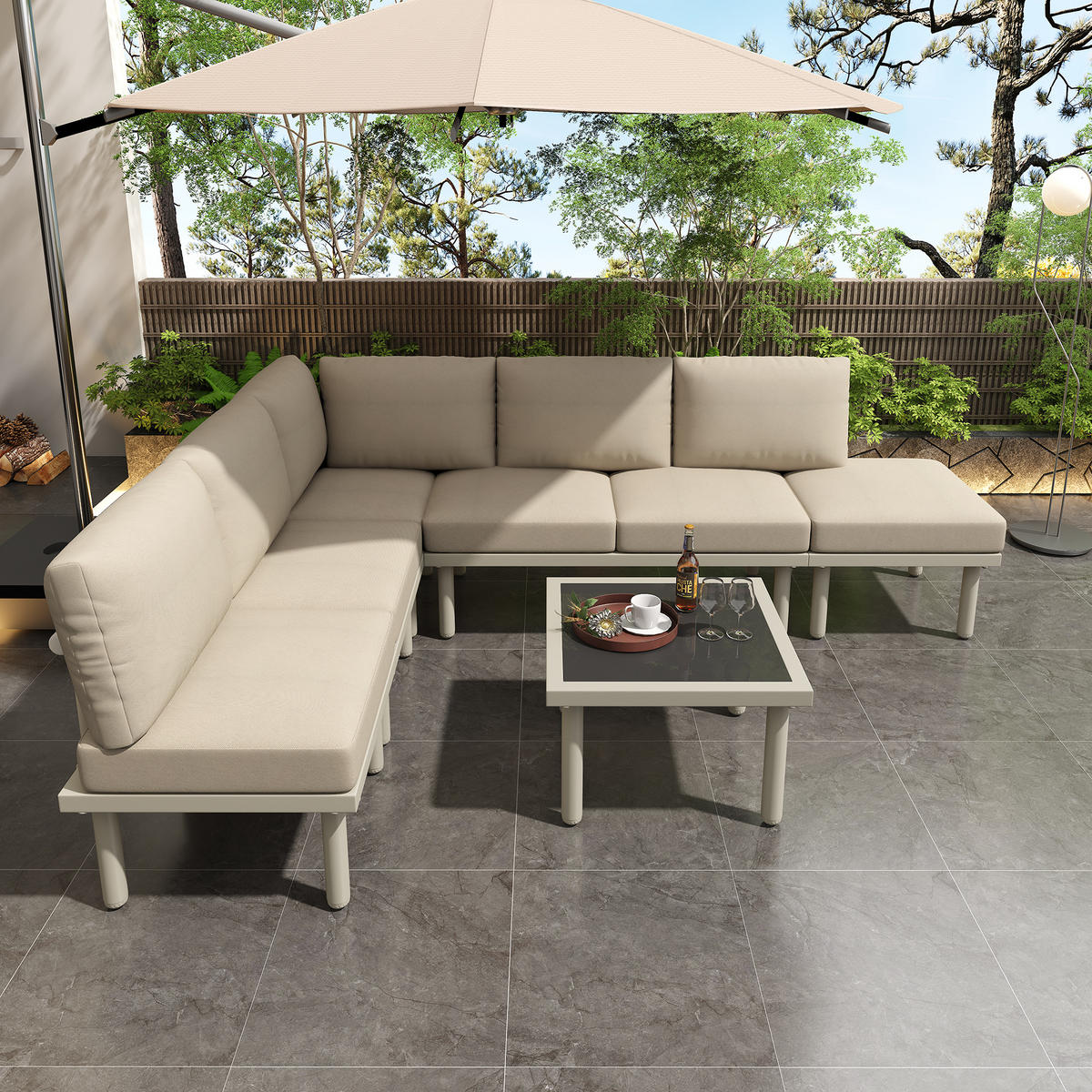 GARTENLOUNGE-SET 6er-Set Gartenmöbel Set Outdoor Sitzgruppe mit Sofa und Glas Tisch - Beige/Schwarz, Textil/Metall - STILVORA